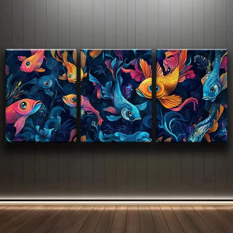 3pcs Vibrant Glowing Fish Metal Print Ready to Hang Art