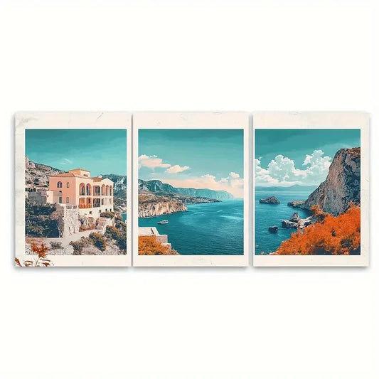 3pcs Vibrant Travel Posters Featuring Scenic Coast Metal Print Ready to Hang Art