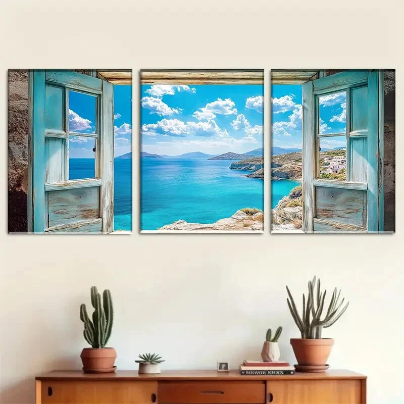 3pcs Coastal Blue Ocean Window Scene Metal Print Ready to Hang Art