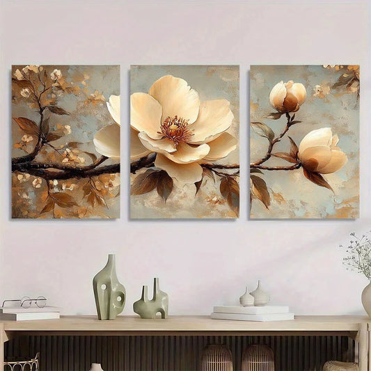 3pcs Elegant Peony & Magnolia Beige Vintage Metal Print Ready to Hang Art