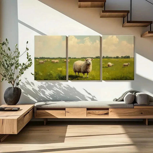 3pcs Rustic Pastoral Scene Sheep Grazing Metal Print Ready to Hang Art