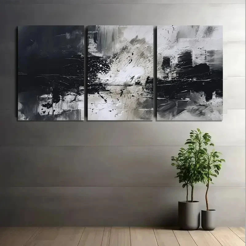 3pcs Abstract Black & White Brushstrokes Metal Print Ready to Hang Art
