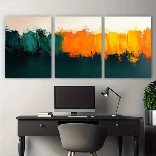 3pcs Green Orange Abstract Brushstroke Design Metal Print Ready to Hang Art