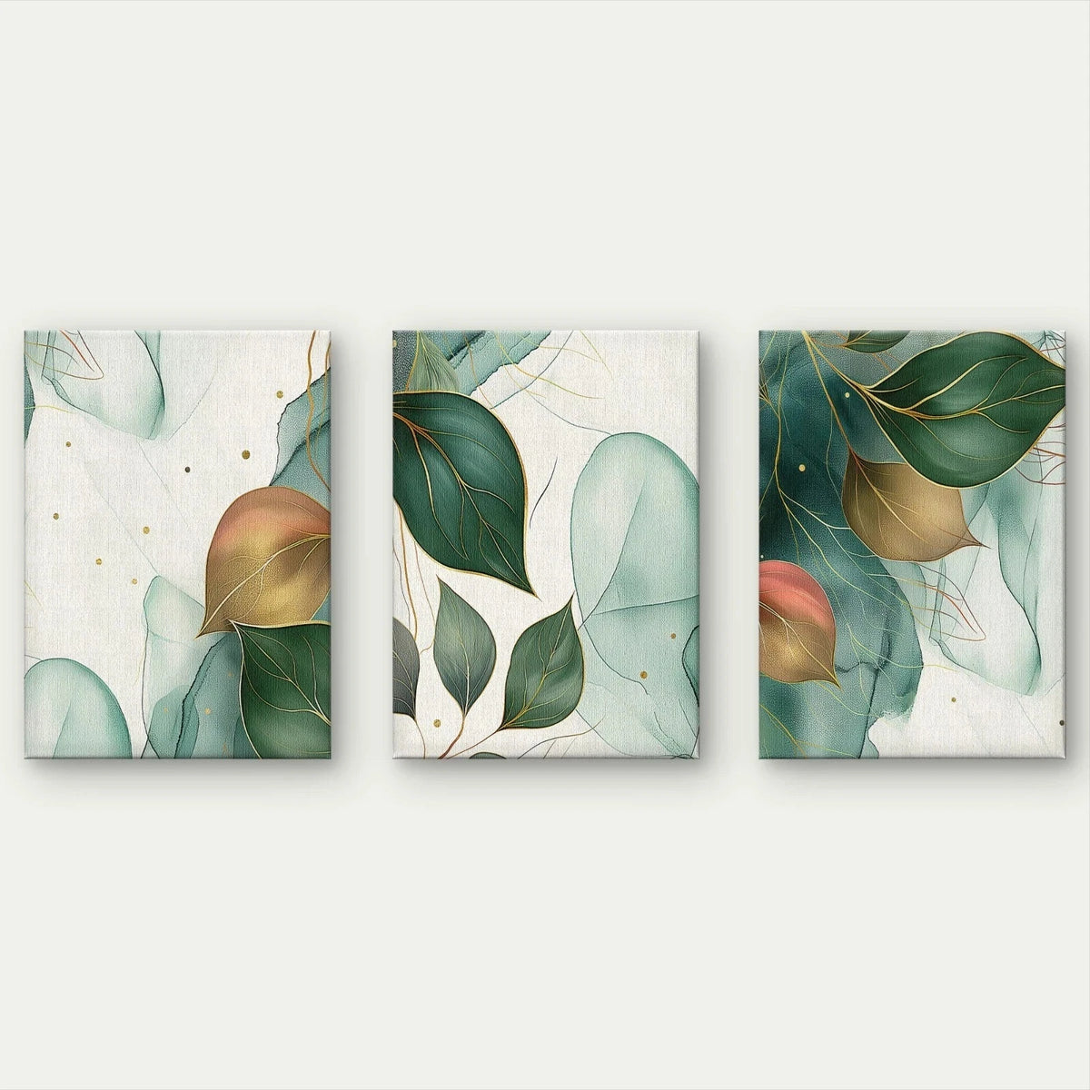 3pcs Abstract Botanical Green and Gold Leaves Wall Art Set Canvas Framed 40x60cm - High Quality Print 100% Australian Made Wall Canvas Ready to Hang