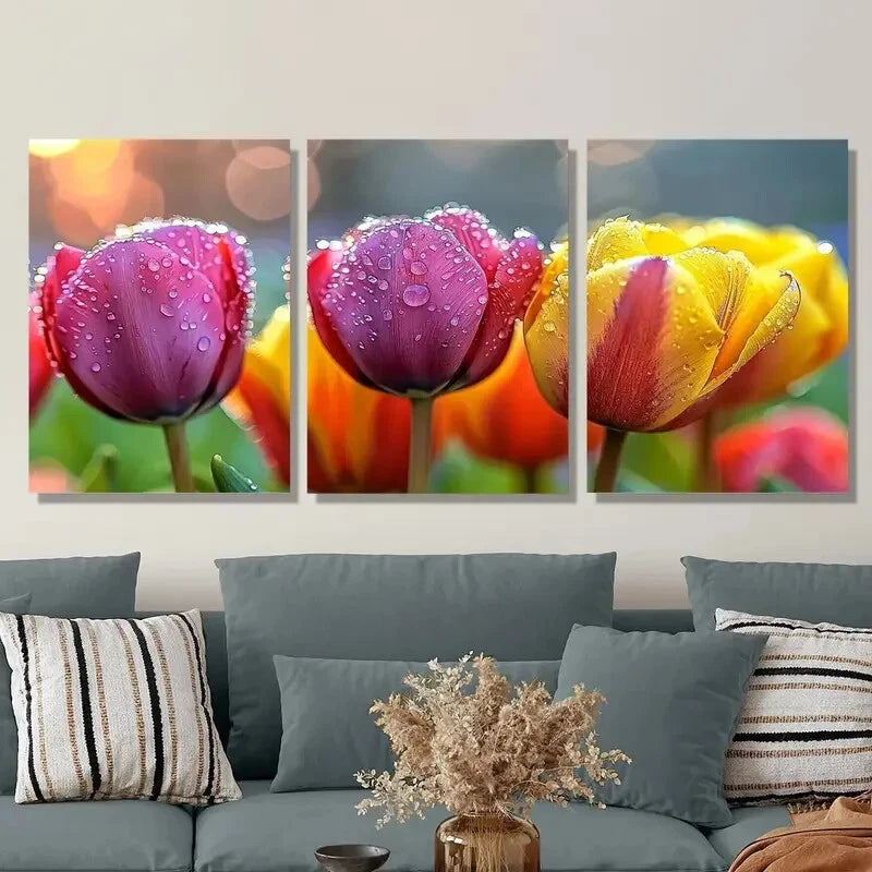 3pcs Tulips in the rain, floral Metal Print Ready to Hang Art