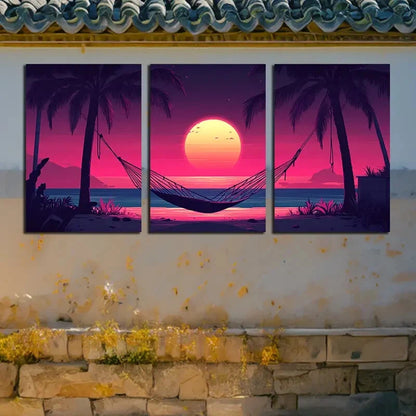 3pcs Vibrant Tropical Hammock Sunset Scene Metal Print Ready to Hang Art