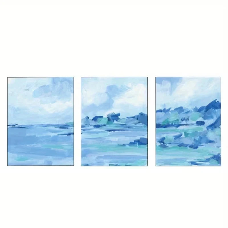 3pcs Blue Modern Abstract Seascape Painting Metal Print Ready to Hang Art