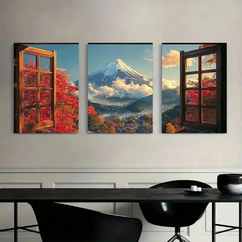 3pcs Open Window with Mount Fuji Painting Metal Print Ready to Hang Art