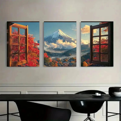3pcs Open Window with Mount Fuji Painting Metal Print Ready to Hang Art