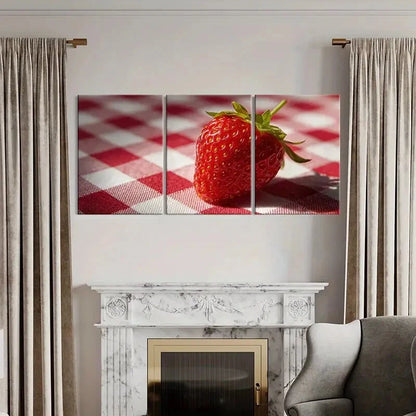 3pcs Fresh Strawberry On Kitchen Checkerboard Metal Print Ready to Hang Art