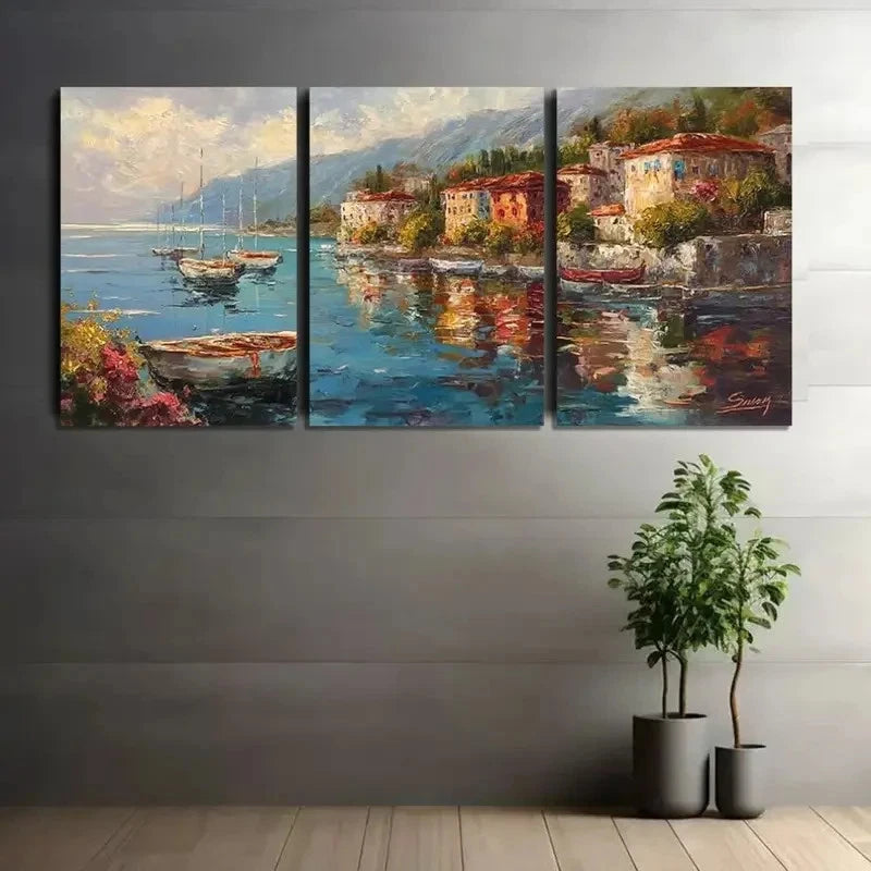 3pcs Coastal Town Scene with Boats Buildings Metal Print Ready to Hang Art