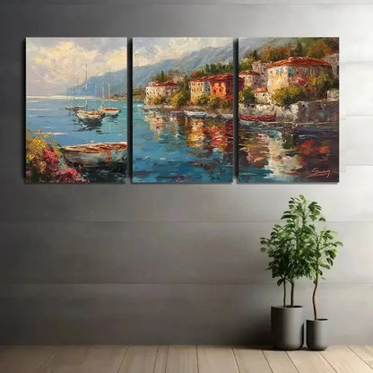 3pcs Coastal Town Scene with Boats Buildings Metal Print Ready to Hang Art