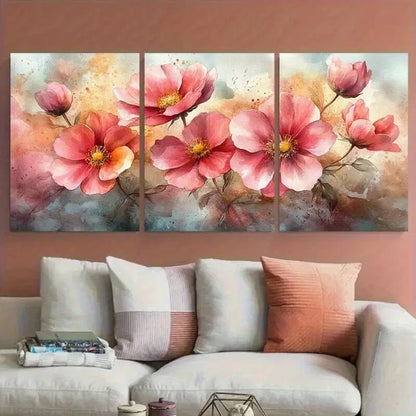3pcs Elegant Pink Cosmos Watercolor Floral Design Metal Print Ready to Hang Art