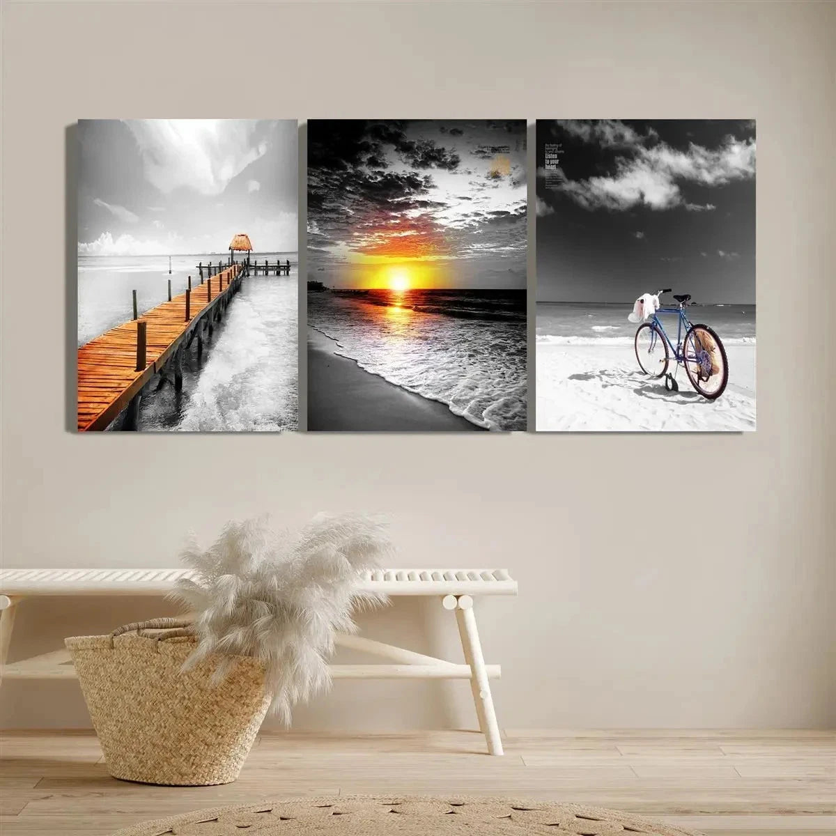 3pcs Serene Beach & Sunset Scenes Vintage Bicycle Metal Print Ready to Hang Art