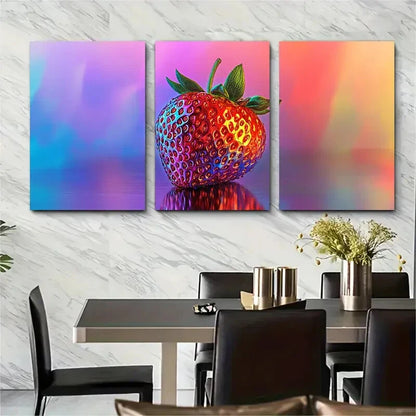 3pcs Metallic Strawberry Vibrant Chrome Metal Print Ready to Hang Art