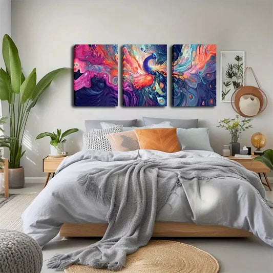 3pcs Vibrant Watercolor Peacock Feather Perfect Wall Art Set Canvas Framed 40x60cm - High Quality Print 100% Australian Made Wall Canvas Ready to Hang