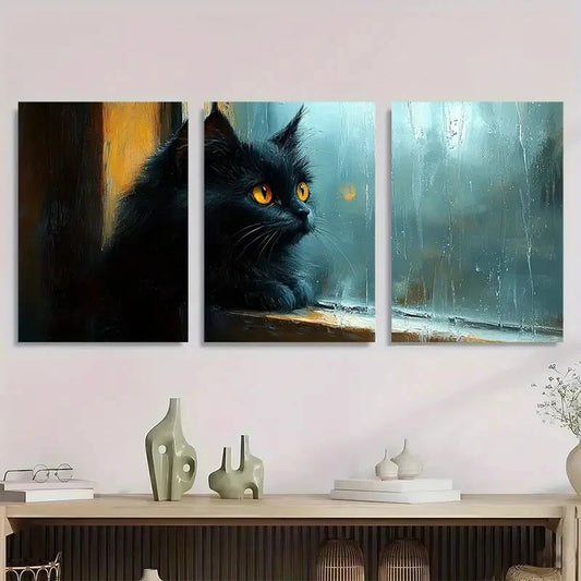 3pcs Windowsill Realistic Oil Painting Black Cat Metal Print Ready to Hang Art