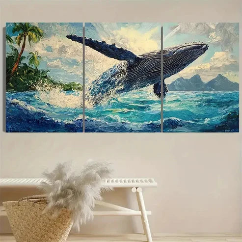 3pcs Bora Bora Whale, Breaching Humpback Wall Art Set Canvas Unframed - High Quality Print 100% Australian Made Wall Canvas