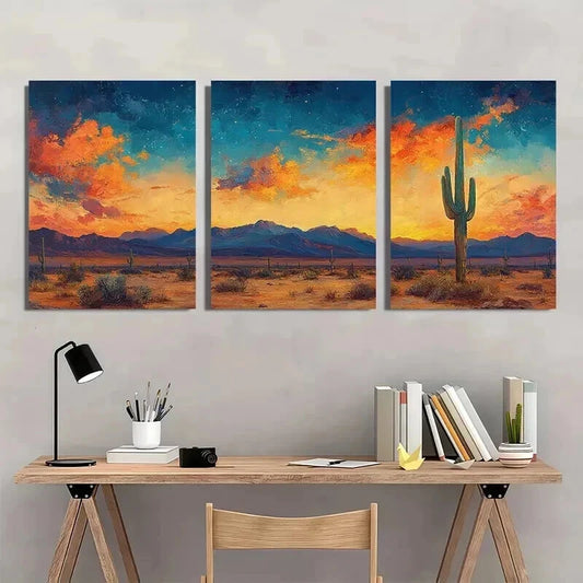 3pcs Painting of Saguaro Cactus Colorful Desert Wall Art Set Canvas Framed 40x60cm - High Quality Print 100% Australian Made Wall Canvas Ready to Hang