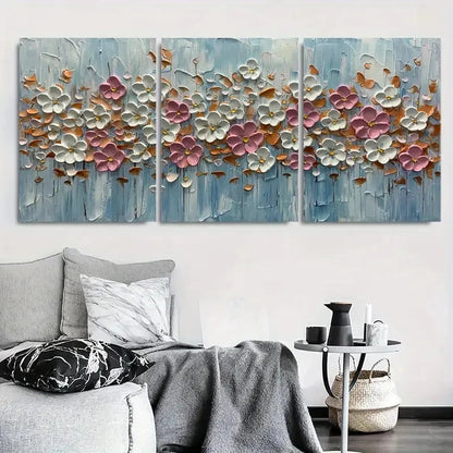 3pcs White and Pink Flowers with Copper Leaves Metal Print Ready to Hang Art
