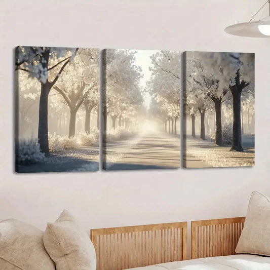 3pcs serene Birch Forest Triptych Sunlit Wall Art Set Canvas Framed 40x60cm - High Quality Print 100% Australian Made Wall Canvas Ready to Hang