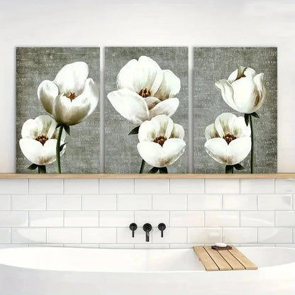 3pcs Vintage Style White Flowers Wall Painting Metal Print Ready to Hang Art