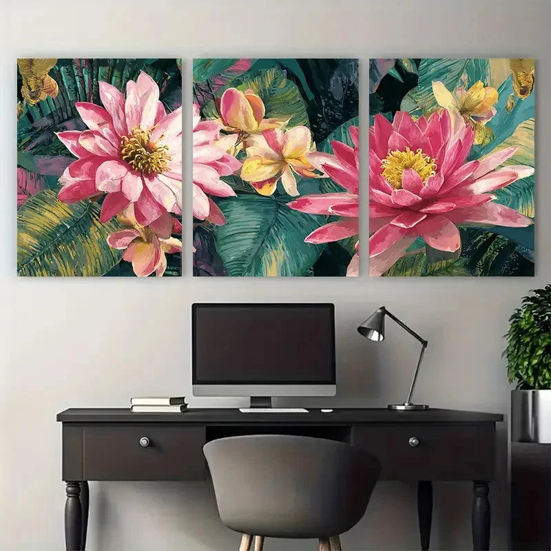 3pcs Pink Florals painting Nature Illustration Wall Art Set Canvas Framed 40x60cm - High Quality Print 100% Australian Made Wall Canvas Ready to Hang