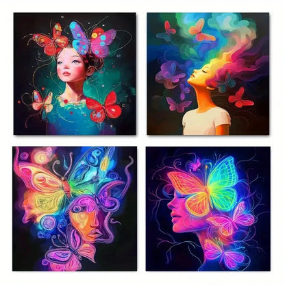 4pcs Glowing Butterfly ,Vibrant Fashion-Themed Wall Art Canvas Framed