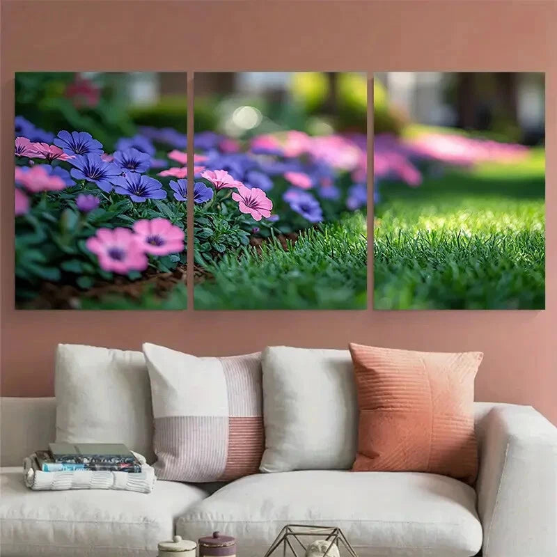 3pcs Grassy Flowerbed with Pink Purple Flowers Metal Print Ready to Hang Art
