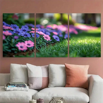 3pcs Grassy Flowerbed with Pink Purple Flowers Metal Print Ready to Hang Art