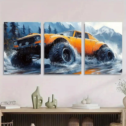 3pcs Vibrant Watercolor Monster Car Theme Metal Print Ready to Hang Art