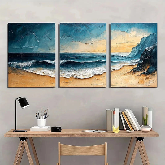 3pcs Textured Seascape Beach Painting Metal Print Ready to Hang Art