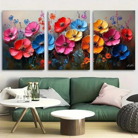 3pcs Abstract Colorful Bright Flower Design Metal Print Ready to Hang Art
