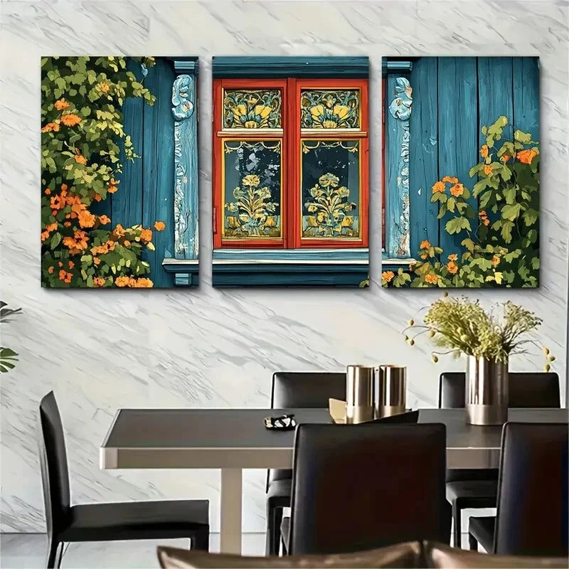 3pcs Painted Estonian Wooden Window Illustration Metal Print Ready to Hang Art