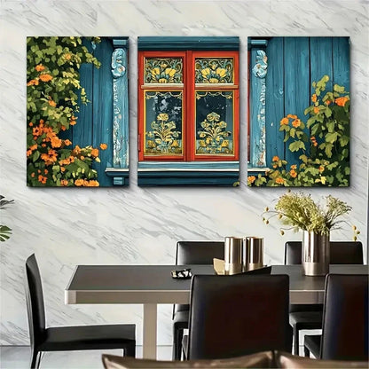 3pcs Painted Estonian Wooden Window Illustration Metal Print Ready to Hang Art