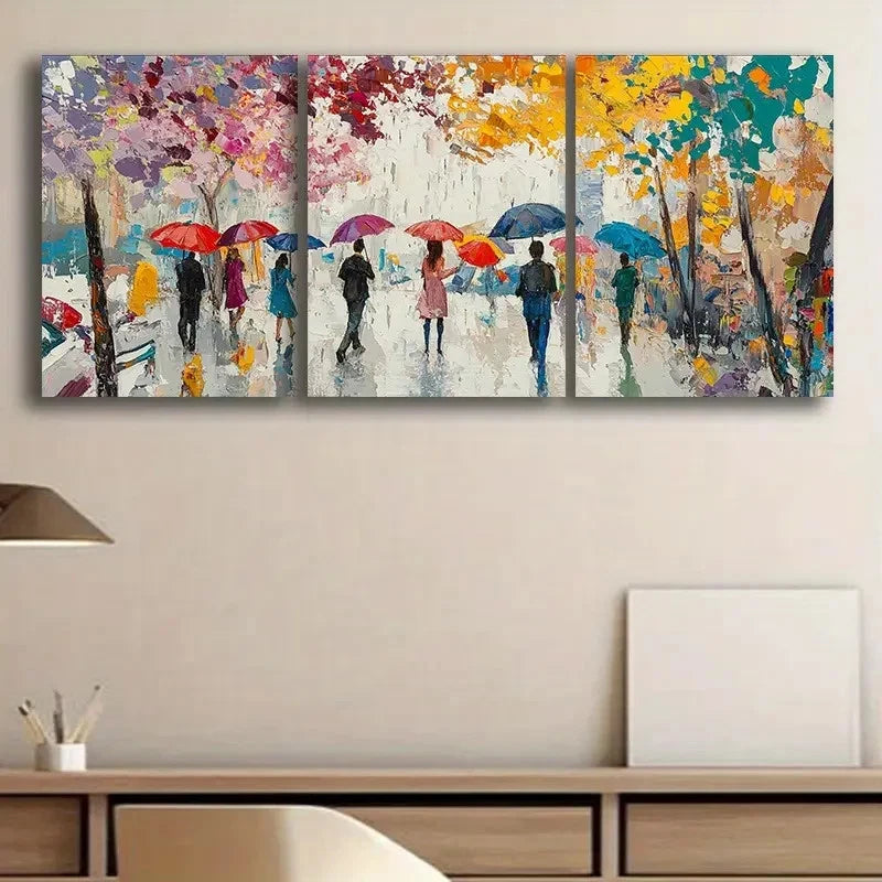 3pcs Colorful Rainy Street Scenes Paintings Metal Print Ready to Hang Art