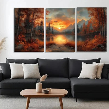 3pcs Sunset Lake Autumn Forest Orange Perfect Wall Art Set Canvas Framed 60x90cm - High Quality Print 100% Australian Made Wall Canvas Ready to Hang