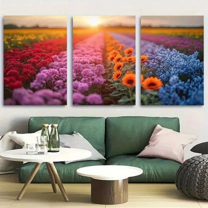 3pcs Different Color Floral Field at Sunset Design Metal Print Ready to Hang Art