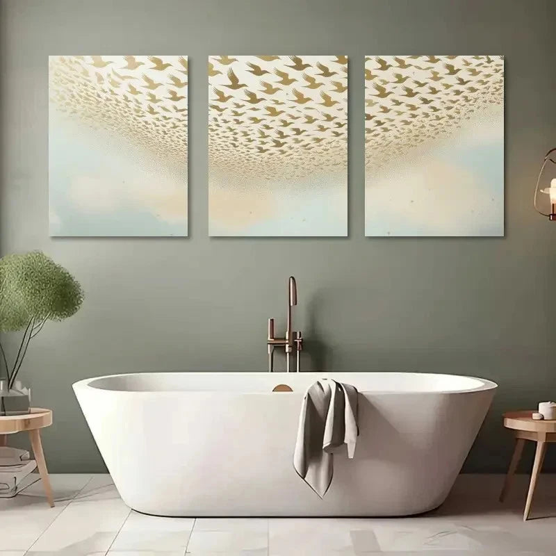 3pcs Flying Birds Golden & White Flock Design Metal Print Ready to Hang Art