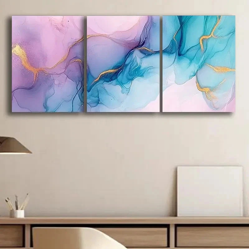 3pcs Pastel Blue & Lilac Marble with Golden Veins Metal Print Ready to Hang Art