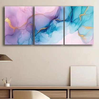 3pcs Pastel Blue & Lilac Marble with Golden Veins Metal Print Ready to Hang Art