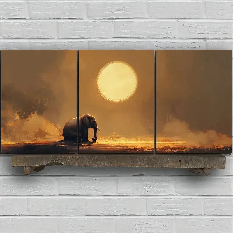 3pcs The Elephant Under The Moon Metal Print Ready to Hang Art