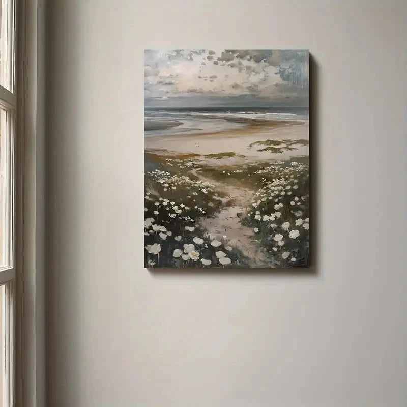 Serene Seashore Bliss With White Florals Painting 40x60cm Metal Print Ready to Hang