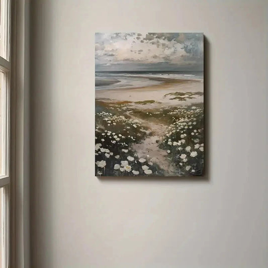 Serene Seashore Bliss With White Florals Painting 40x60cm Metal Print Ready to Hang