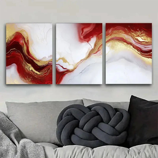 3pcs Abstract Red and Golden Wall Art Set Metal Print Ready to Hang Art