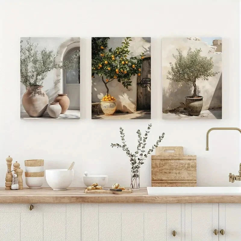 3pcs Realistic Vintage Olive & Lemon Tree Metal Print Ready to Hang Art