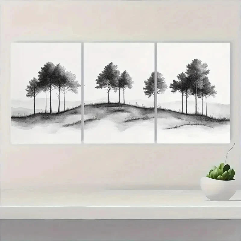 3pcs Vintage Black and White Tree Landscape Metal Print Ready to Hang Art