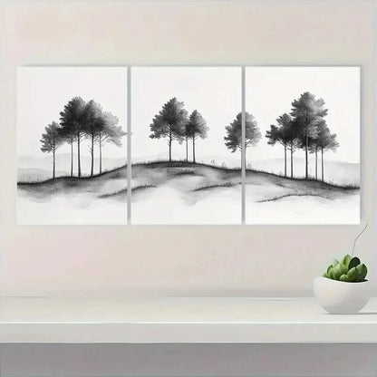 3pcs Vintage Black and White Tree Landscape Metal Print Ready to Hang Art