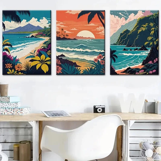 3pcs Ocean Waves Island Seaside Views Perfect Wall Art Set Canvas Framed 40x60cm - High Quality Print 100% Australian Made Wall Canvas Ready to Hang