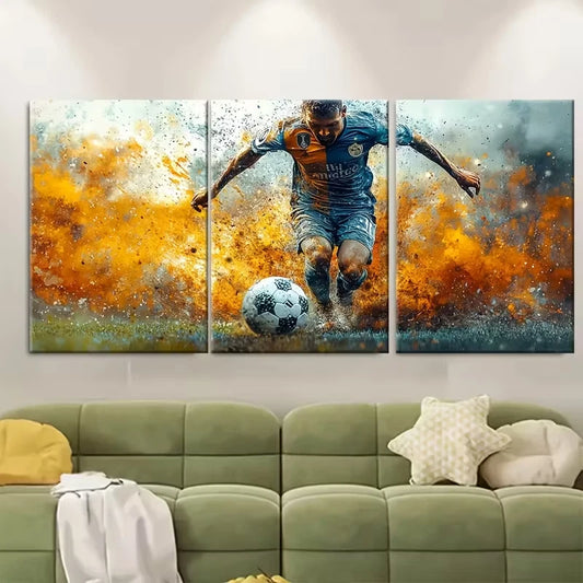 3pcs Abstract Soccer Player Grunge Metal Print Ready to Hang Art